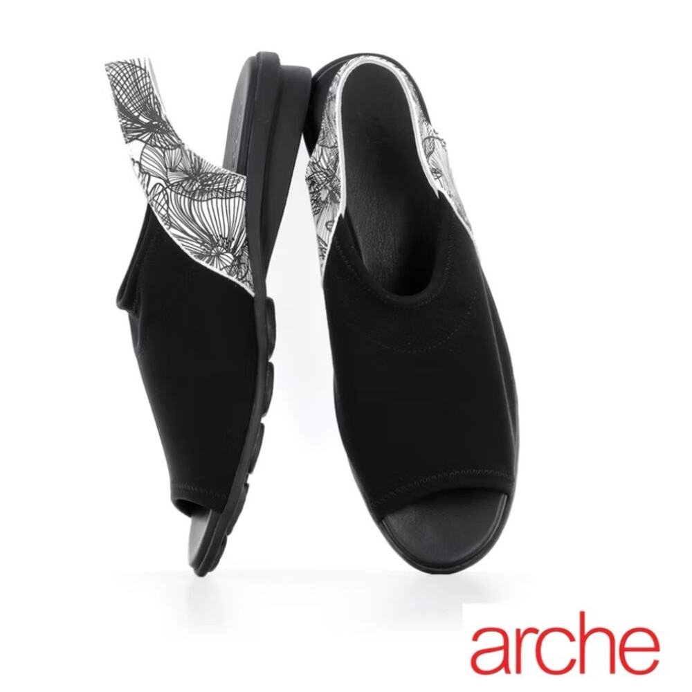 Arche Womens 5.5 Black White Dajac Stretch Slip-On Slingback Open-Toe Sandal